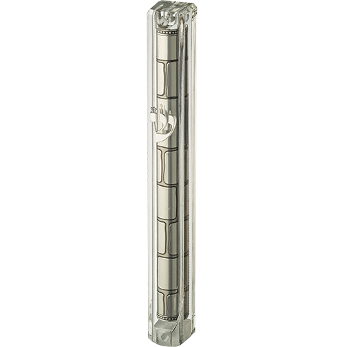 Clear Plastic Mezuzah with Rubber Cork 12 cm- with the Letter Shin and Plaque - Silver