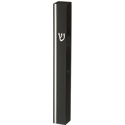 Black Plastic Mezuzah 12 cm - Gold Shin & Stripe with Rubber Cork