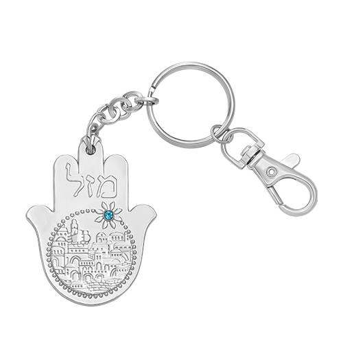 Metal Keyholder Hamsa "Mazal" 5.5 cm - Nickel - with Stones