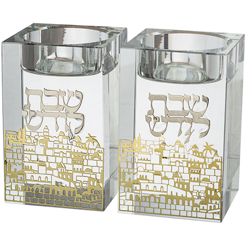 זוג פמוטי קריסטל עם פלקטה "נוף ירושלים" 8 ס״מ