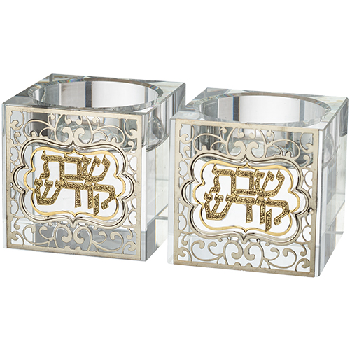 זוג פמוטי קריסטל מרובע עם פלקטה "עיטור" 5 ס״מ