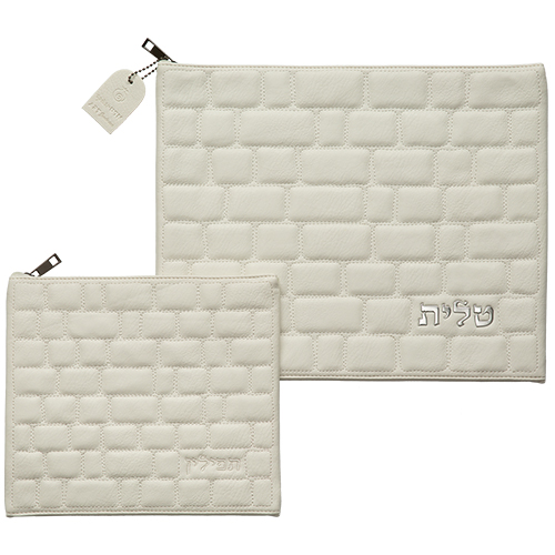 Leatherette Tallit - Tefillin Set 36*29 cm with Embossed Logo - White