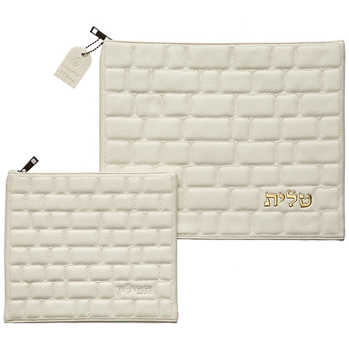 Leatherette Tallit - Tefillin Set 36*29 cm with Embossed Logo - White