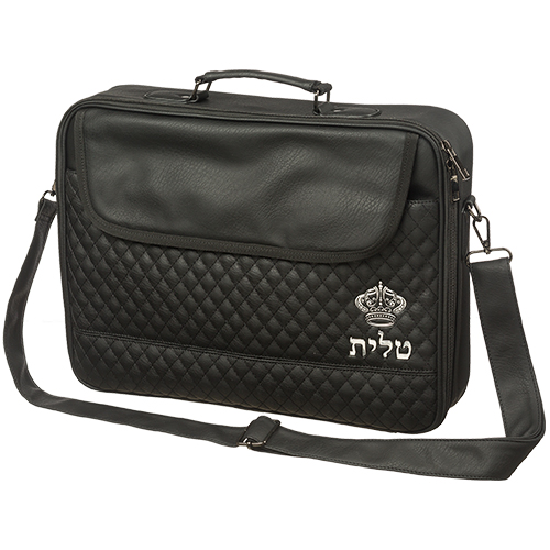 PU Leathere Fabric Talit 43*36 cm with Handle- Black with Embossed Letters