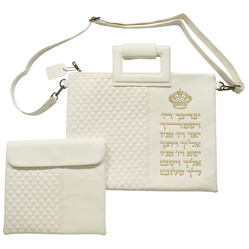 PU Leathere Fabric Talit & Tefilin Set 38*31 cm - White with Embossed Letters