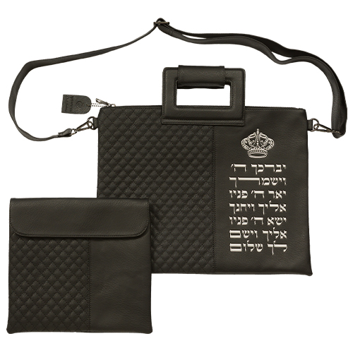 PU Leathere Fabric Talit & Tefilin Set 38*31 cm - Black with Embossed Letters