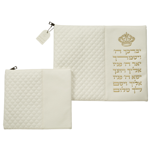 Leatherette Tallit - Tefillin Set 36*29 cm White with Embossed Letters