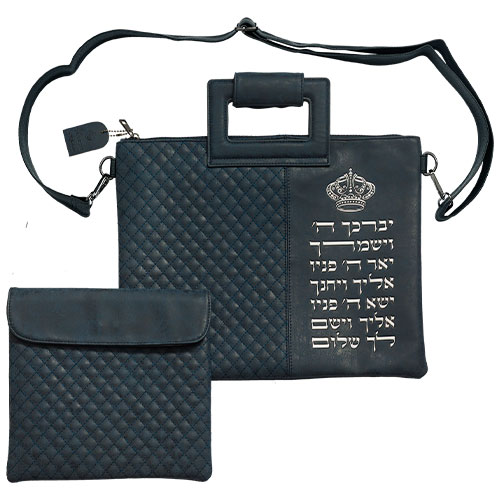 תיק מפואר לטלית דמוי עור כחול אותיות בולטות "יב