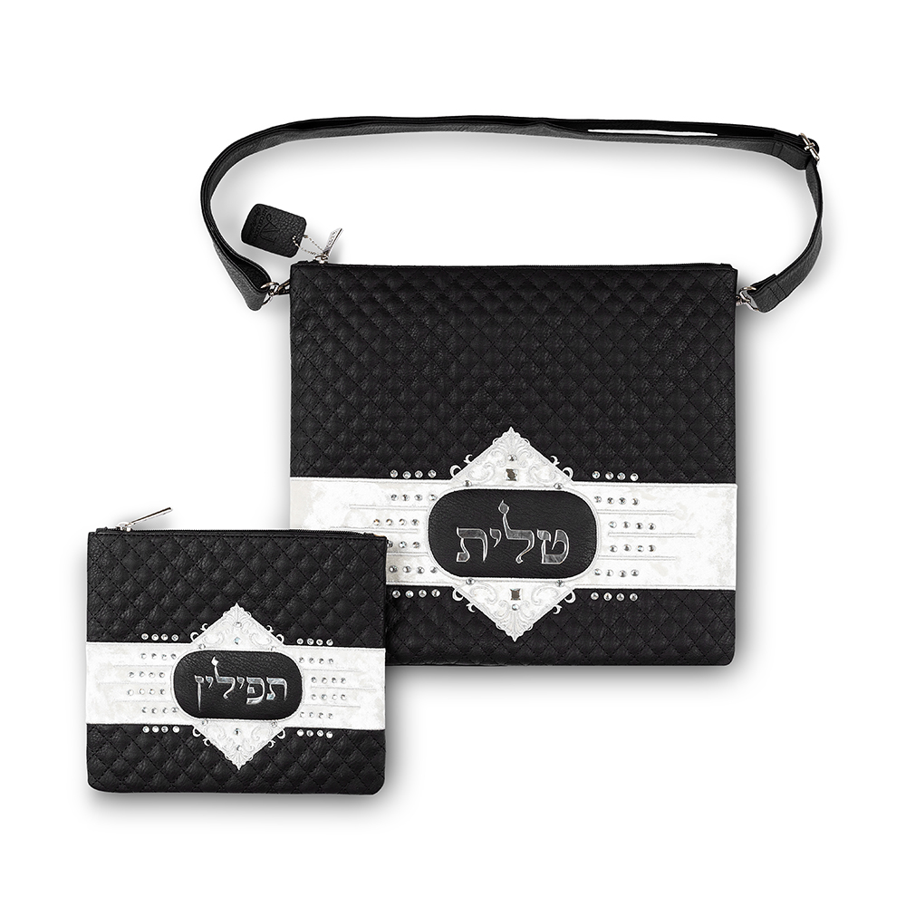 Faux Leather Tallit Tefillin Set 36x34 cm, Black with Embroidery