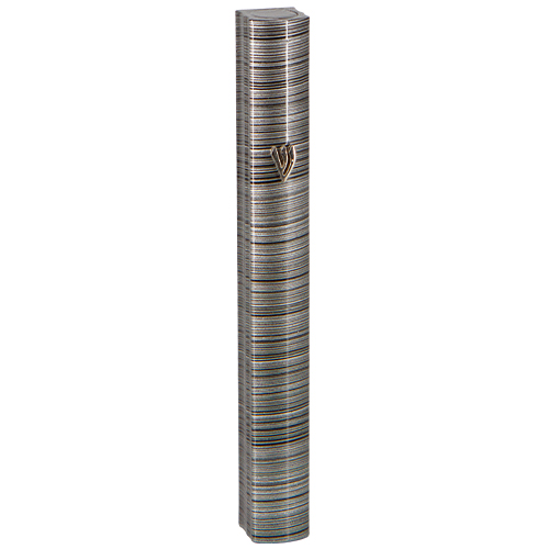 Aluminum Mezuzah 15 Cm-3d Metallic Gray & Black Striped Design- Special Profile, Metal "Shin"