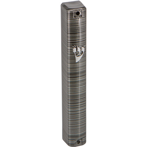 Plastic Mezuzah with Rubber Cork 15 cm - 3d Metallic Gray Striped Design - Matte