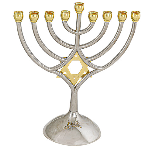 חנוכייה מתכת קנים זהב עם מגן דוד 18×16 ס״מ