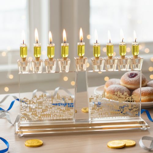 חנוכייה קריסטל מהודרת עם פלקטה 17×30 ס״מ