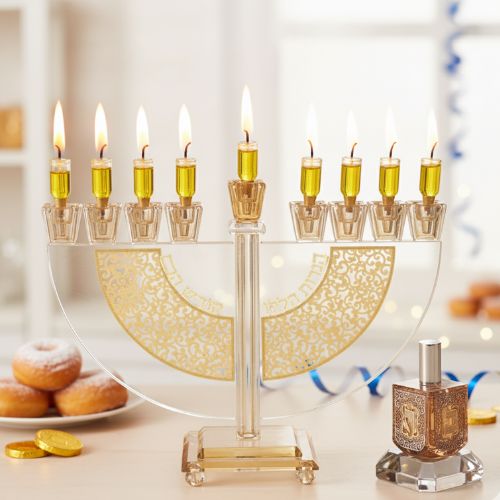חנוכיה קריסטל עם פלקטה זהב 24×31 ס״מ