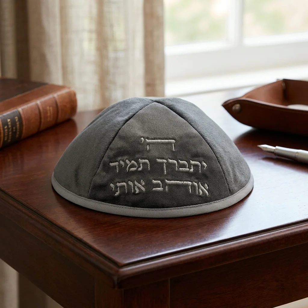 כיפה ארטמן קטיפה ה יתברך אוהב אפור עם רקמה כסף גודל 4 ס״מ