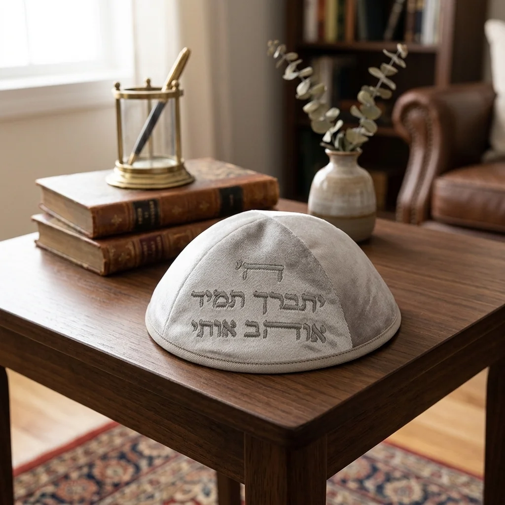 כיפה ארטמן קטיפה ה יתברך אוהב אפור עם רקמה חול בהיר גודל 4 ס״מ