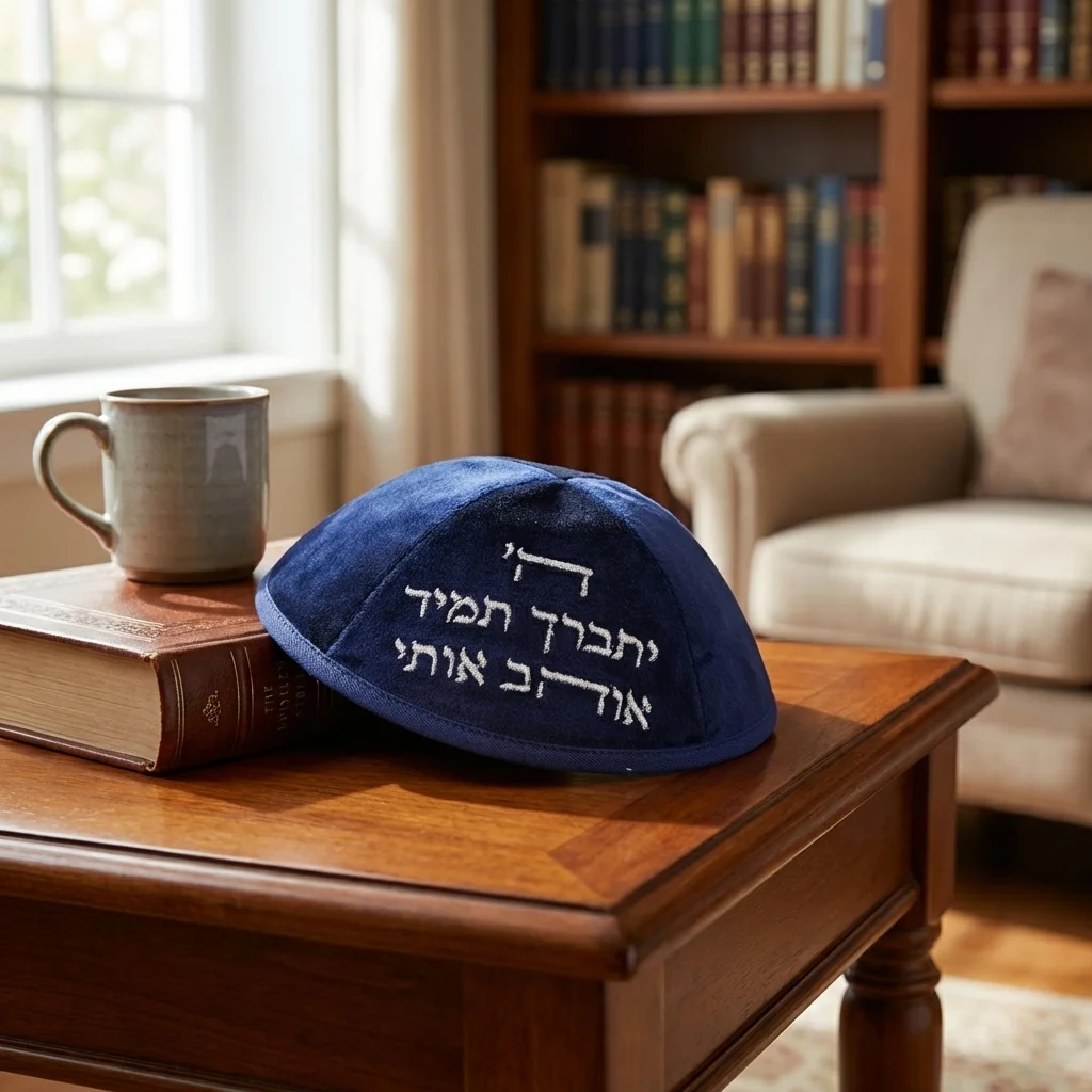 כיפה ארטמן קטיפה ה יתברך אוהב כחולה כהה עם רקמה כסף גודל 4 ס״מ