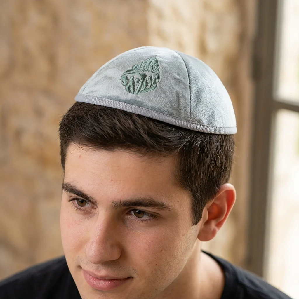 כיפה ארטמן קטיפה ירוק בהיר רקמה שמע ישראל גודל 3 ס״מ
