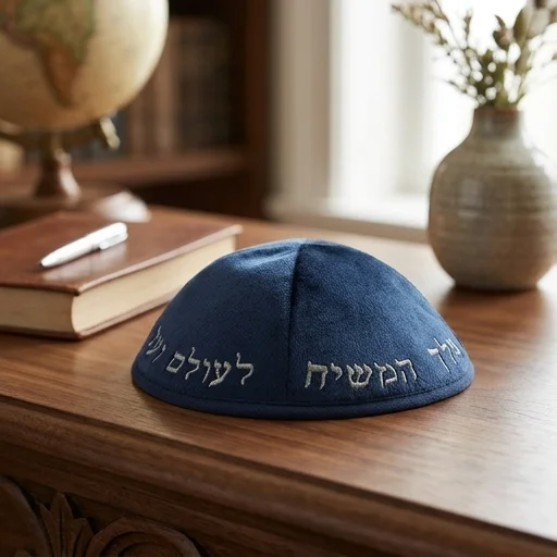 כיפה קטיפה "ארט-מן" עם ריקמה יחי אדוננו גודל 3 - כחול כהה