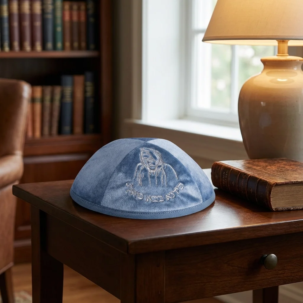 Velvet Kippah "Art-man" with Embroidery Size 3- Blue