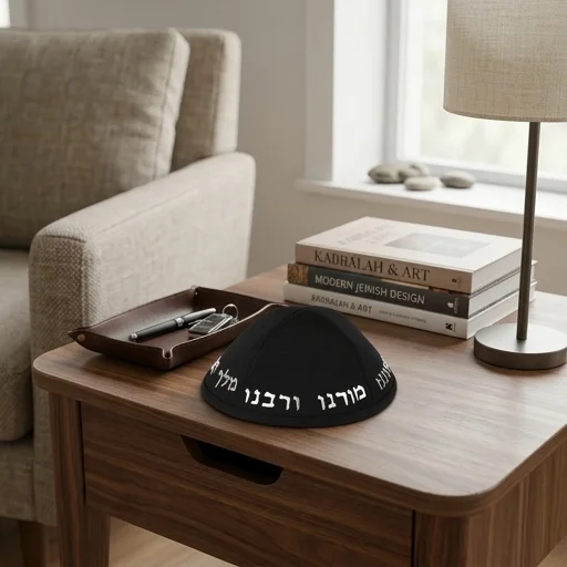כיפה טרילין גודל 4 עם אותיות בולטות כסף "יחי אדוננו.."