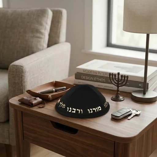 כיפה טרילין גודל 4 עם אותיות בולטות זהב "יחי אדוננו.."
