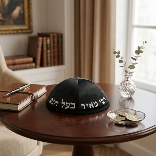 כיפה קטיפה "ארט-מן" עם אותיות בולטות רבי מאיר גודל 4 - שחור