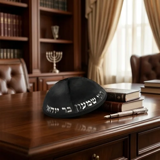 כיפה קטיפה "ארט-מן" עם אותיות בולטות רבי שמעון גודל 4 - שחור