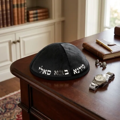 כיפה קטיפה "ארט-מן" עם אותיות בולטות בבא סאלי גודל 4 - שחור