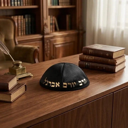 כיפה קטיפה "ארט-מן" עם אותיות בולטות הרב יורם אברגל גודל 4 - שחור