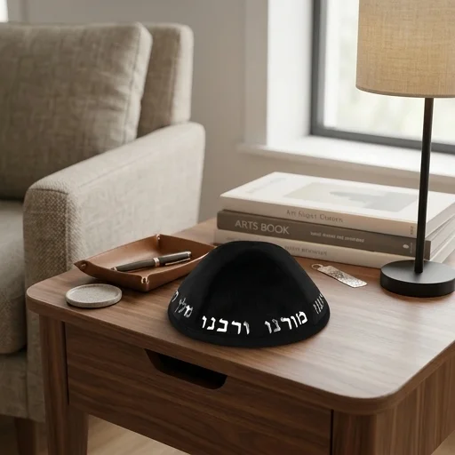 כיפה קטיפה "ארט-מן" עם אותיות בולטות כסף "יחי אדוננו.."גודל 4 - שחור