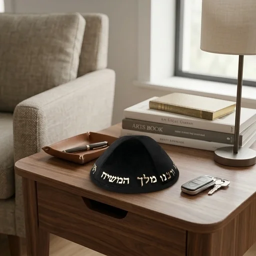 כיפה קטיפה "ארט-מן" עם אותיות בולטות זהב "יחי אדוננו.."גודל 4 - שחור