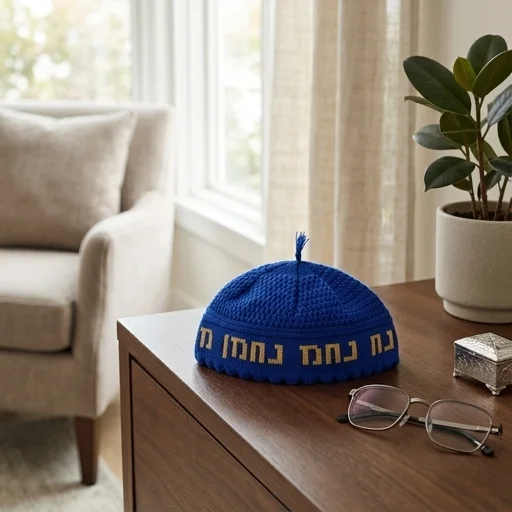 כיפה פריק כחול וצהוב "נחמן מאומן" 24 ס״מ