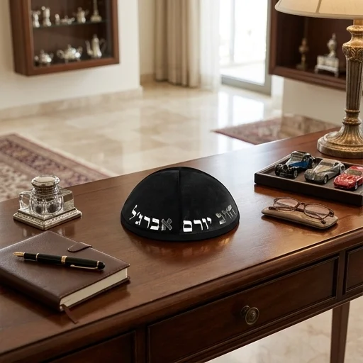 כיפה קטיפה "ארט-מן" עם אותיות בולטות הרב יורם אברגל גודל 4 - שחור