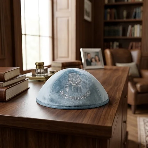 Velvet Kippah with Embroidery Size 4- Blue