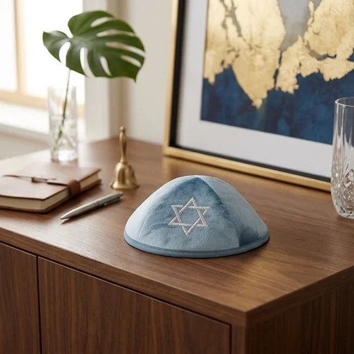 כיפה קטיפה "ארט-מן" עם ריקמה מגן דוד גודל 4 - כחול