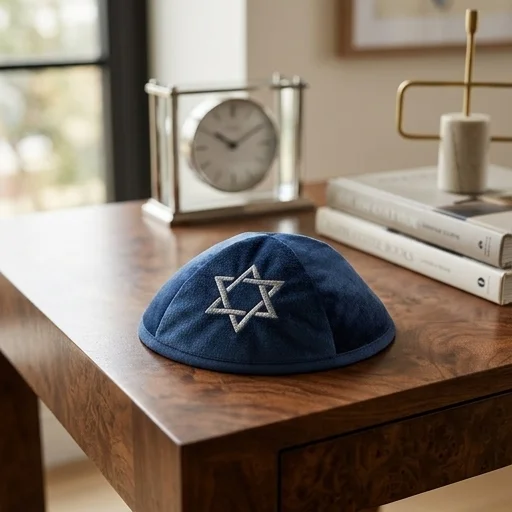 כיפה קטיפה "ארט-מן" עם ריקמה מגן דוד גודל 4 - כחול כהה