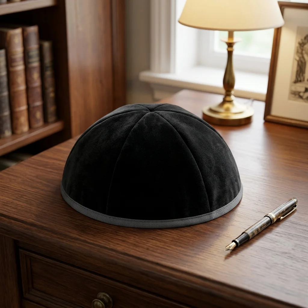 Velvet Plush Black Kippah 6 Parts, 23 cm Size 7 with Rim