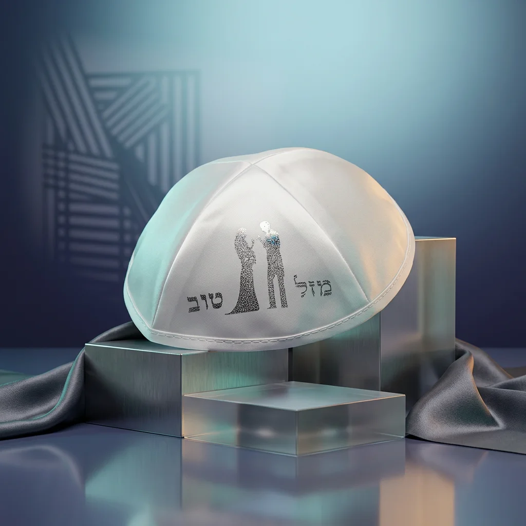 כיפה סטן לבנה 19 ס״מ הדפסה כסף "מזל טוב" חתן כל