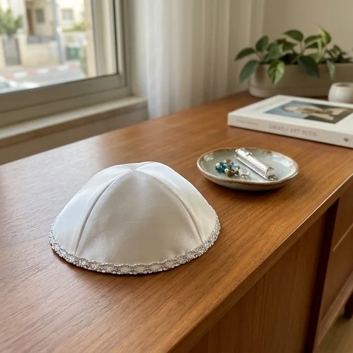 כיפה לבנה סטן פס כסף 17 ס״מ