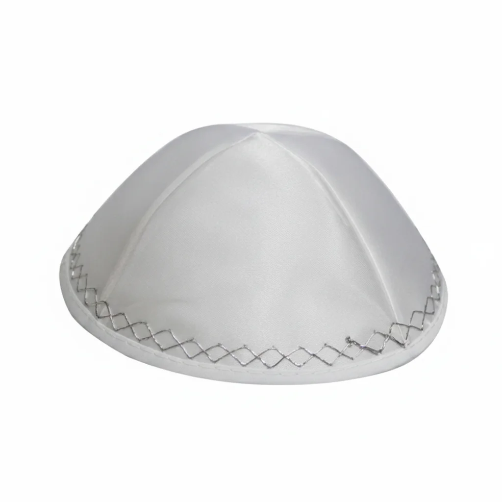 White Satin Kippah 20cm- Ornaments - with Embroidery