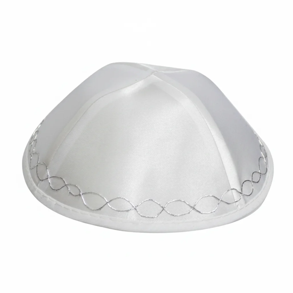 Satin Kippah 19cm- High Quality - White, with Embroidery