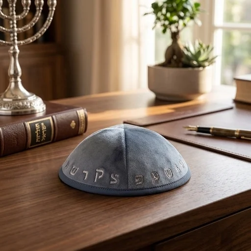 כיפה קטיפה "ארט מן" עם ריקמה אותיות גודל 3 - כחול