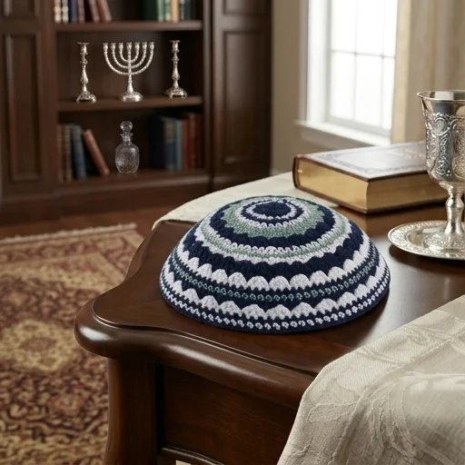 כיפה סרוגה שטיח 20 ס״מ כחול ירוק בהיר ולבן