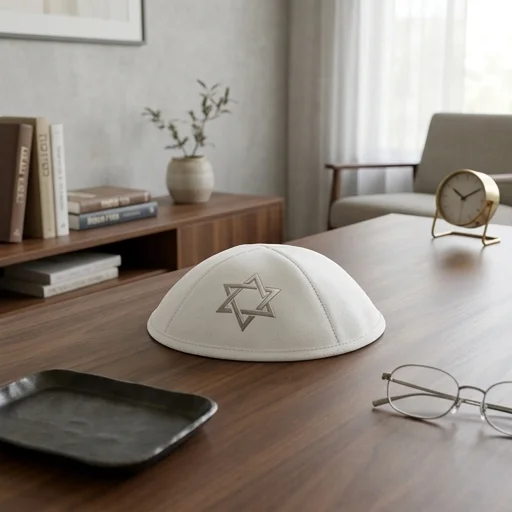 כיפה אולטרא סוויד לבן 19 ס״מ "מגן דויד" כסף ומק