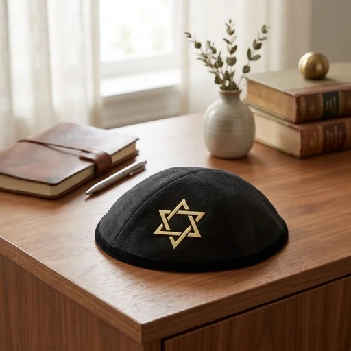 כיפה אולטרא סוויד שחור 19 ס״מ "מגן דויד" זהב ומ