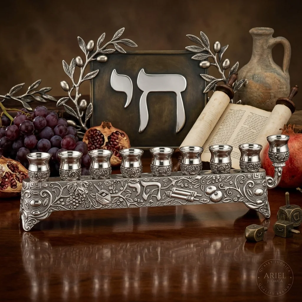 Elegant Nikel Menorah with Judaica Symbols 9x29 cm - Nickel