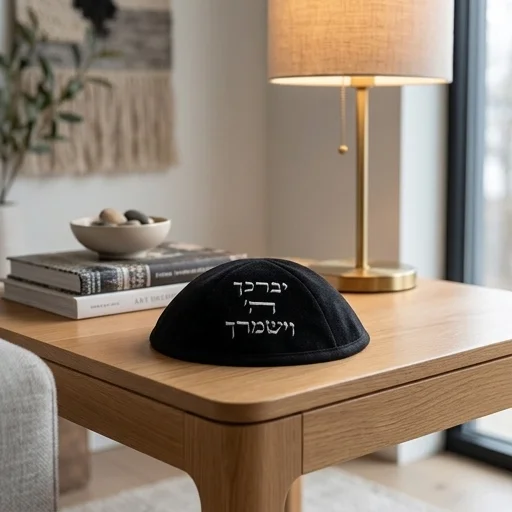 כיפה אולטרא סוויד שחור 19 ס״מ עם "יברכך" ומקום לסיכה