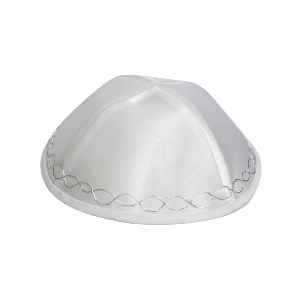 Satin Kippah 17 cm- White with Ornate Design