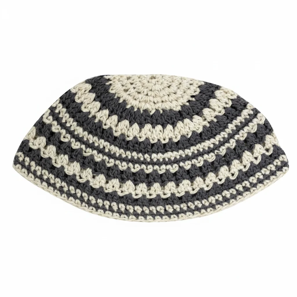 Frik Kippah 21 cm- Thick Knitted- Gray and Beige Striped Design